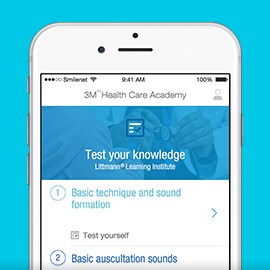 Skärmen på en smartphone som visar självtestdelen i Littmann Learning Institute-appen.