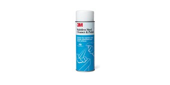 En närbild av 3M ™ rostfritt stålrengöringsmedel och polsk aerosol
