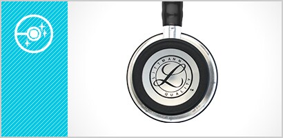 Pediatriksidan av bröststycket till ett 3M Littmann Classic III stetoskop samt en vit ikon av ett glänsande rent bröststycke mot en turkos bakgrund.
