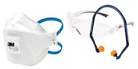 Bild som visar en filtrerande halvmask och ett par skyddsglasögon
