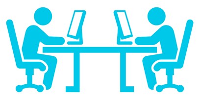 Illustration av två personer som sitter mittemot varandra vid var sin bärbar dator
